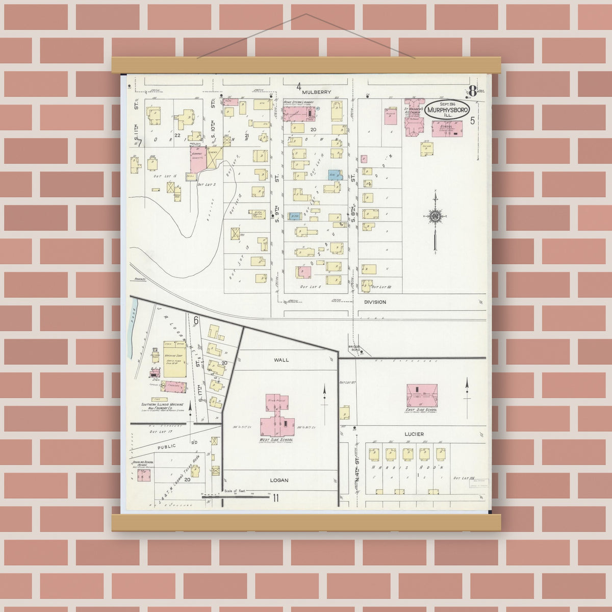 Old map wall art mockup — magnetic wood frame on brick wall — Sanborn Fire Insurance Map from Murphysboro, Jackson County, Illinois (1914), Sheet #0008