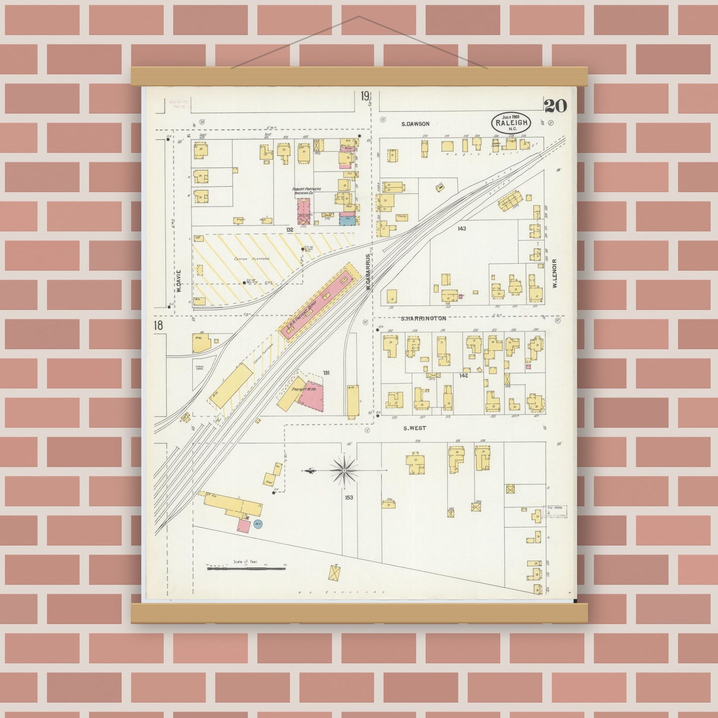 Old map wall art mockup — magnetic wood frame on brick wall — Sanborn Fire Insurance Map from Raleigh, Wake County, North Carolina (1903), Sheet #0020