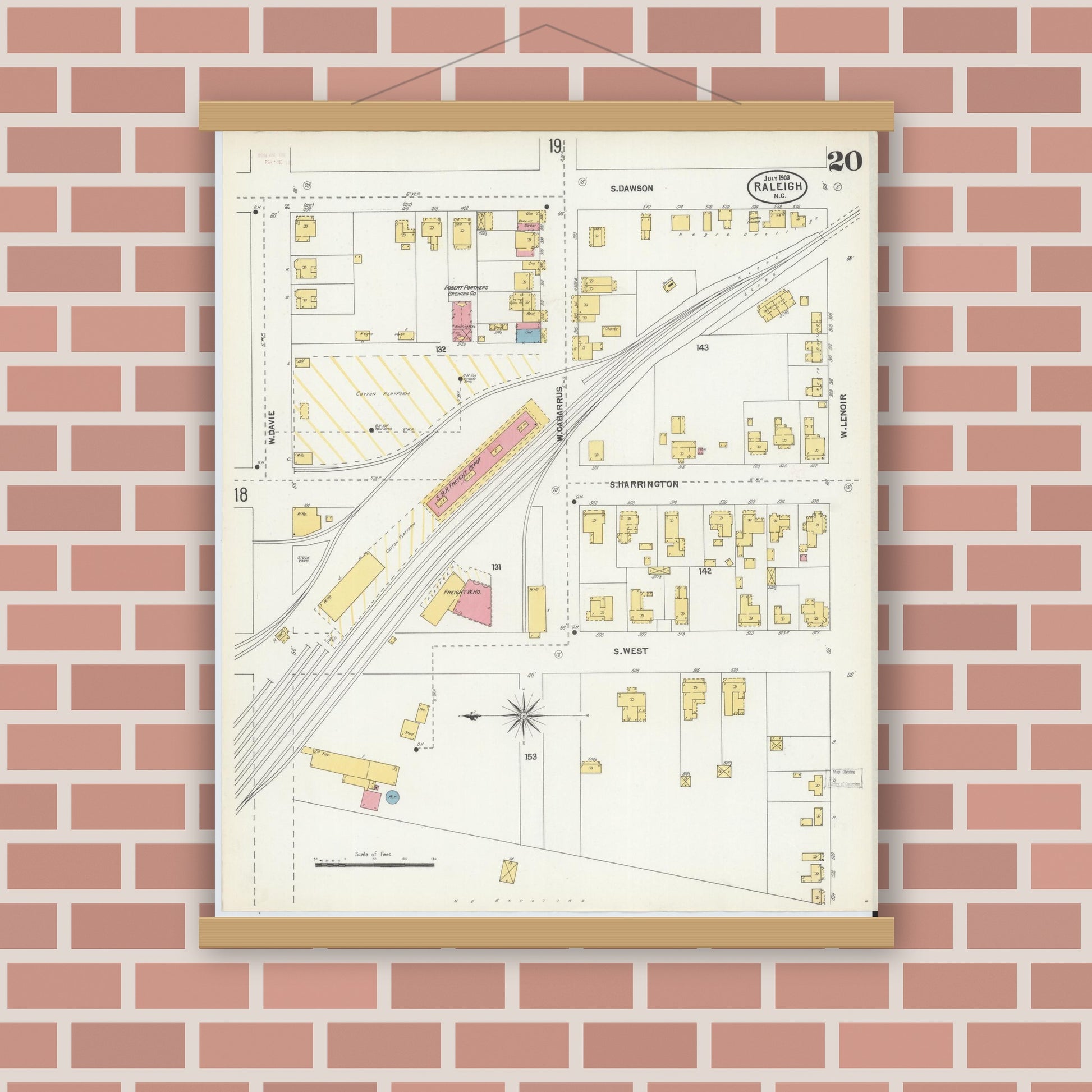 Old map wall art mockup — magnetic wood frame on brick wall — Sanborn Fire Insurance Map from Raleigh, Wake County, North Carolina (1903), Sheet #0020