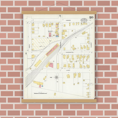 Old map wall art mockup — magnetic wood frame on brick wall — Sanborn Fire Insurance Map from Raleigh, Wake County, North Carolina (1903), Sheet #0020