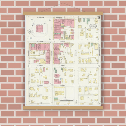 Old map wall art mockup — magnetic wood frame on brick wall — Sanborn Fire Insurance Map from Sherman, Grayson County, Texas (1897), Sheet #0005