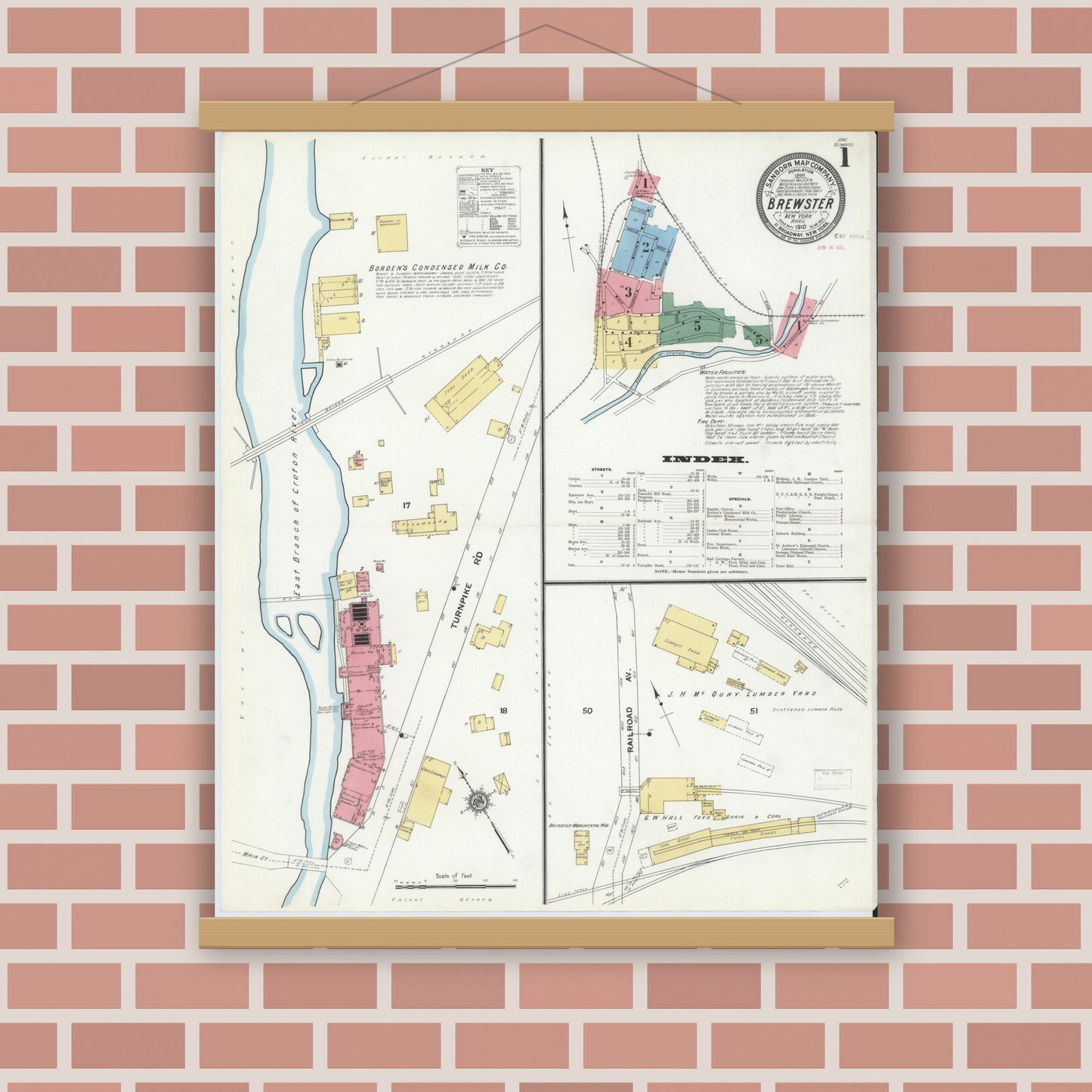 Old map wall art mockup — magnetic wood frame on brick wall — Sanborn Fire Insurance Map from Brewster, Putnam County, New York (1910) - Complete Map Set