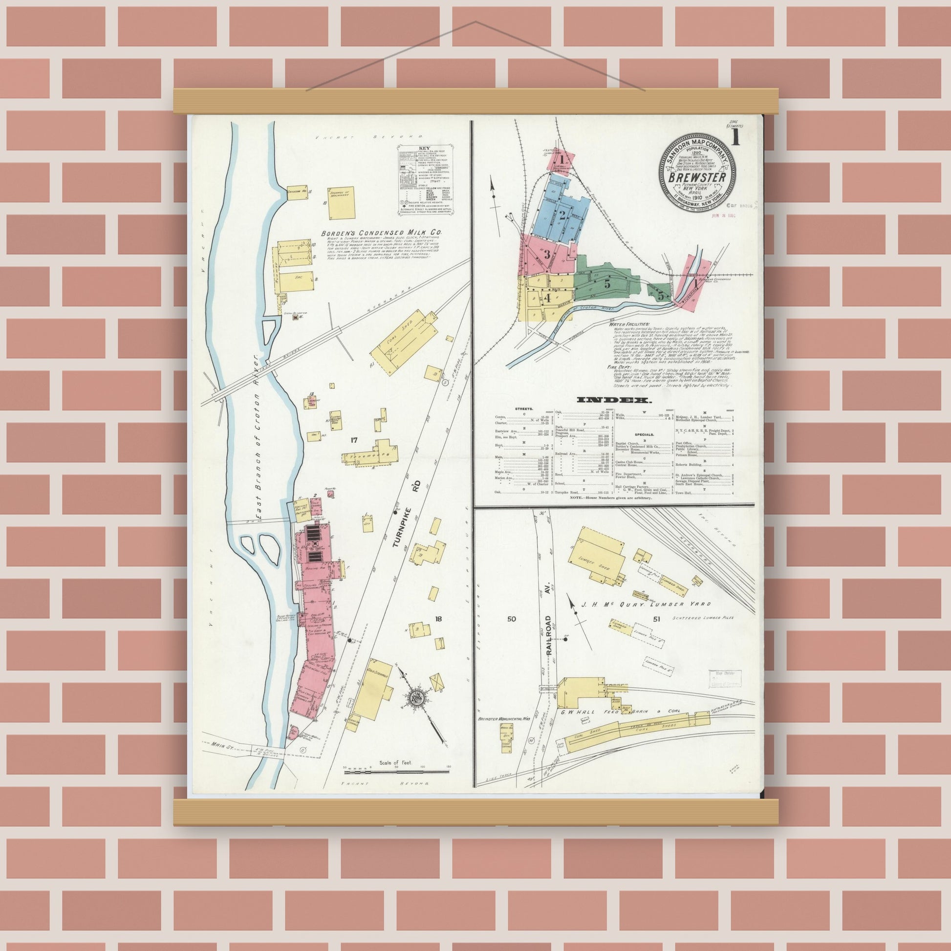 Old map wall art mockup — magnetic wood frame on brick wall — Sanborn Fire Insurance Map from Brewster, Putnam County, New York (1910) - Complete Map Set