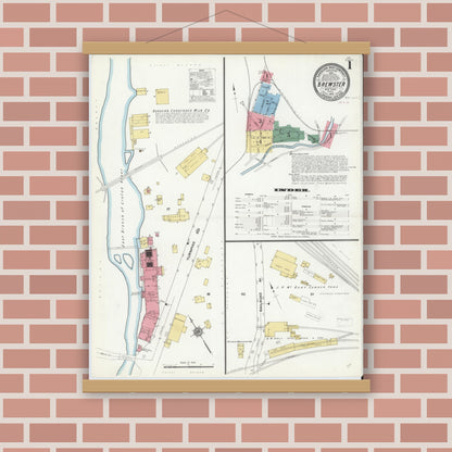 Old map wall art mockup — magnetic wood frame on brick wall — Sanborn Fire Insurance Map from Brewster, Putnam County, New York (1910) - Complete Map Set