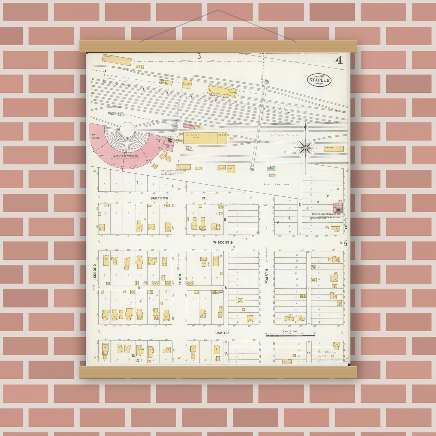 Old map wall art mockup — magnetic wood frame on brick wall — Sanborn Fire Insurance Map from Staples, Todd County, Minnesota (1904), Sheet #0004