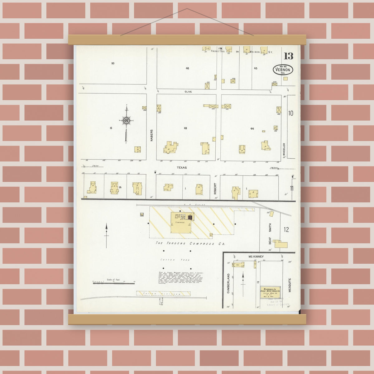 Old map wall art mockup — magnetic wood frame on brick wall — Sanborn Fire Insurance Map from Vernon, Wilbarger County, Texas (1912), Sheet #0013