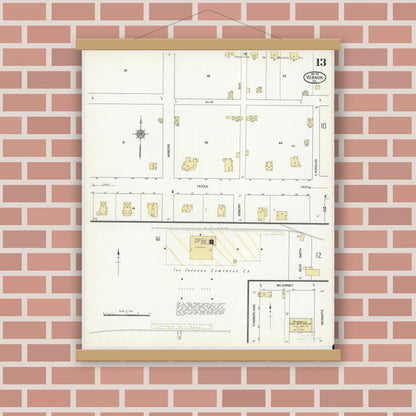 Old map wall art mockup — magnetic wood frame on brick wall — Sanborn Fire Insurance Map from Vernon, Wilbarger County, Texas (1912), Sheet #0013