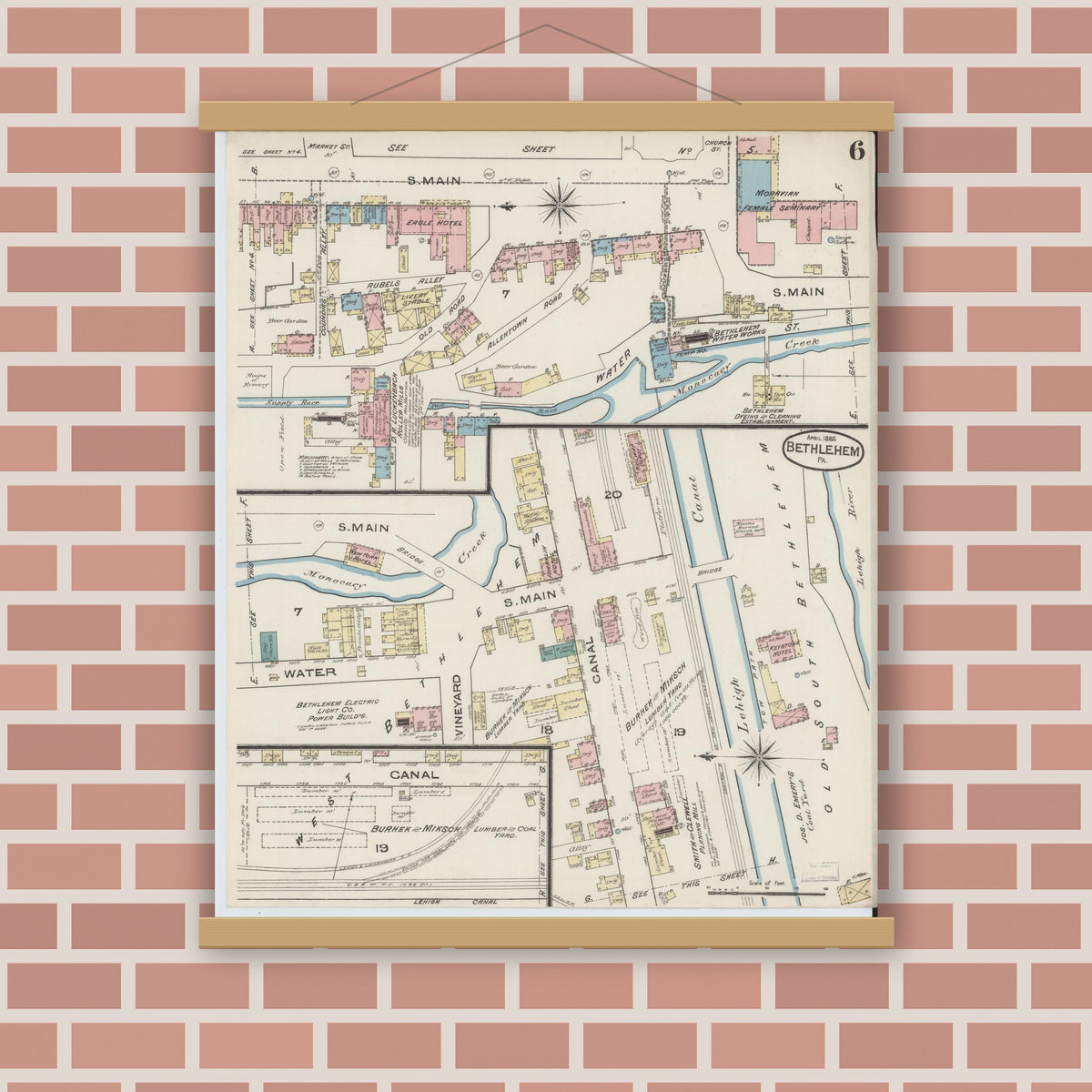 Old map wall art mockup — magnetic wood frame on brick wall — Sanborn Fire Insurance Map from Bethlehem, Northampton And Lehigh Counties, Pennsylvania (1885), Sheet #0006