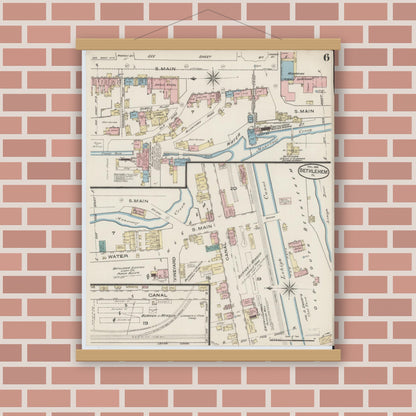 Old map wall art mockup — magnetic wood frame on brick wall — Sanborn Fire Insurance Map from Bethlehem, Northampton And Lehigh Counties, Pennsylvania (1885), Sheet #0006
