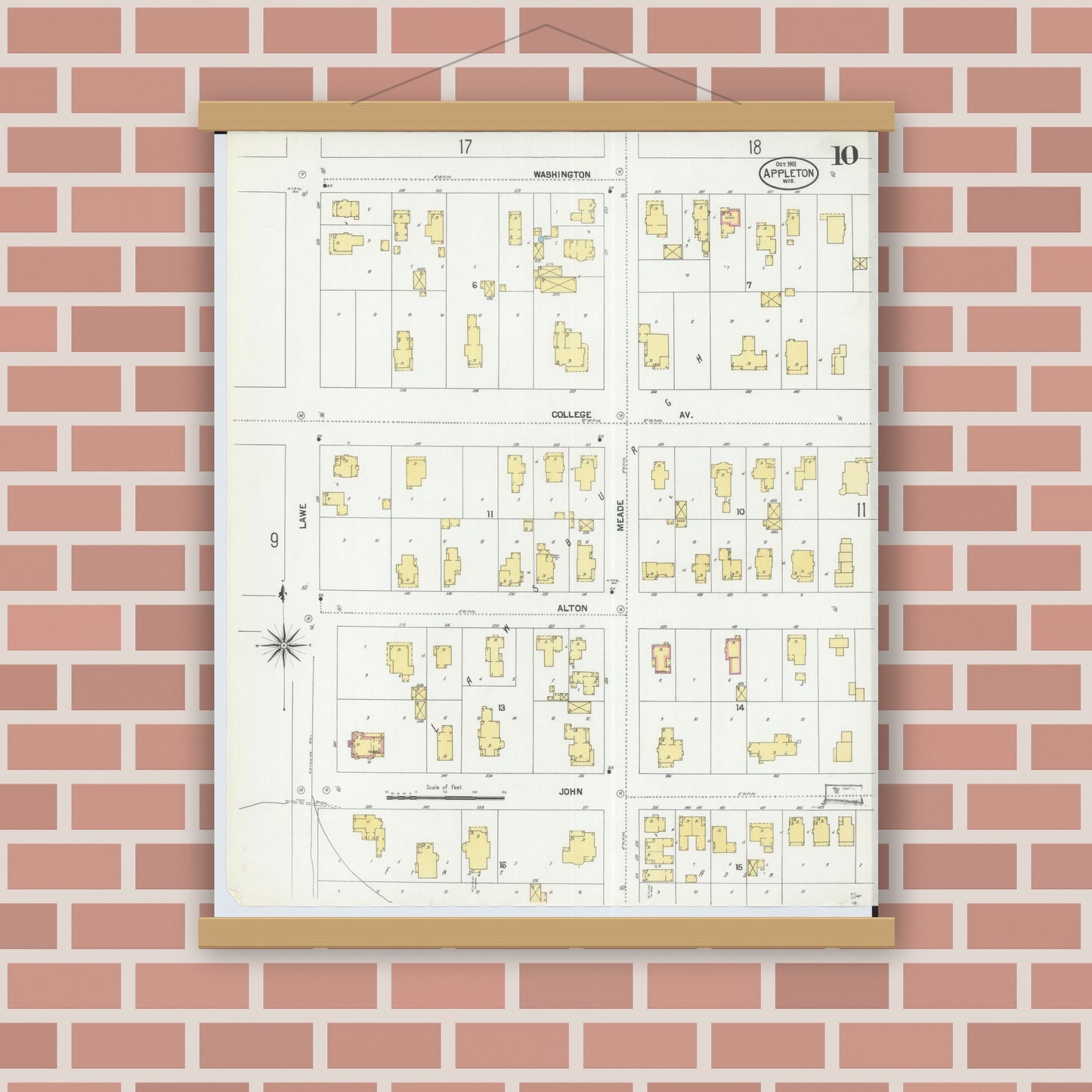 Old map wall art mockup — magnetic wood frame on brick wall — Sanborn Fire Insurance Map from Appleton, Outagamie County, Wisconsin (1901), Sheet #0010