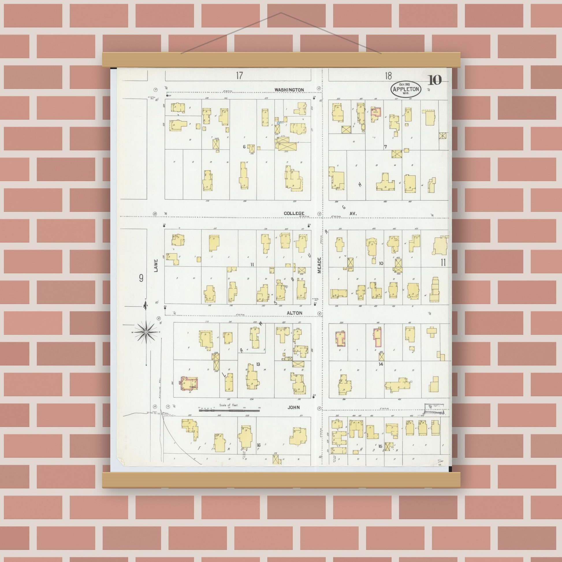 Old map wall art mockup — magnetic wood frame on brick wall — Sanborn Fire Insurance Map from Appleton, Outagamie County, Wisconsin (1901), Sheet #0010