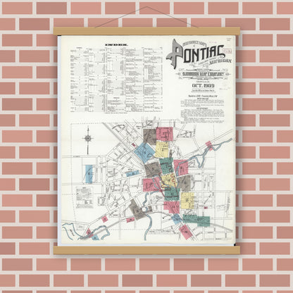 Old map wall art mockup — magnetic wood frame on brick wall — Sanborn Fire Insurance Map from Pontiac, Oakland County, Michigan (1909) - Complete Map Set