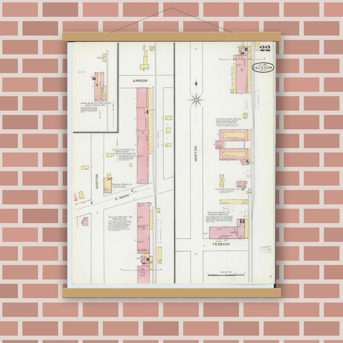 Old map wall art mockup — magnetic wood frame on brick wall — Sanborn Fire Insurance Map from Jackson, Jackson County, Michigan (1893), Sheet #0022