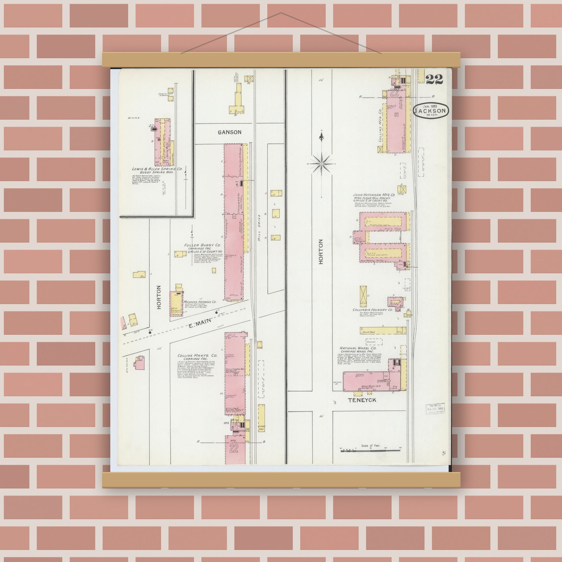 Old map wall art mockup — magnetic wood frame on brick wall — Sanborn Fire Insurance Map from Jackson, Jackson County, Michigan (1893), Sheet #0022