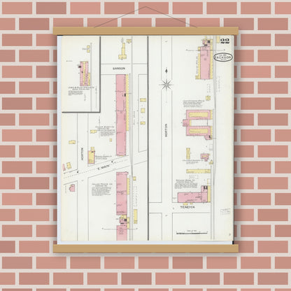 Old map wall art mockup — magnetic wood frame on brick wall — Sanborn Fire Insurance Map from Jackson, Jackson County, Michigan (1893), Sheet #0022