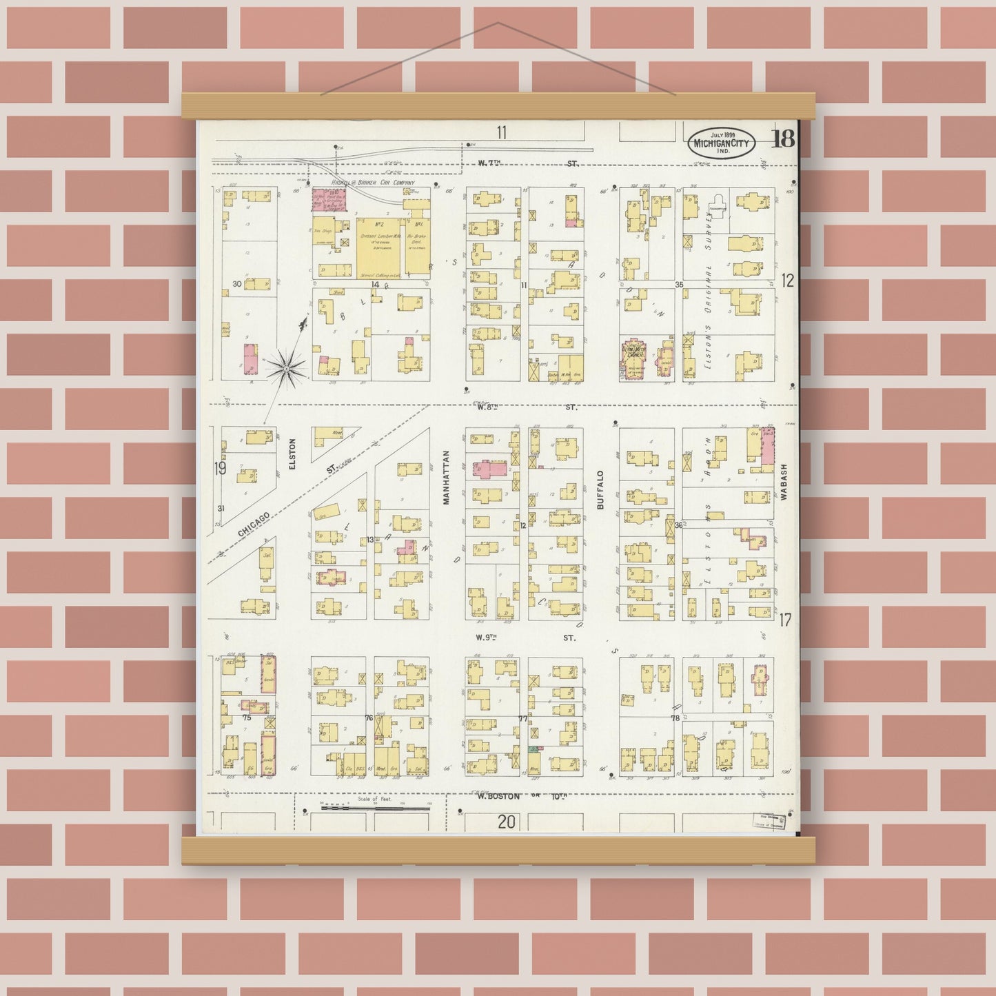Old map wall art mockup — magnetic wood frame on brick wall — Sanborn Fire Insurance Map from Michigan City, La Porte County, Indiana (1899), Sheet #0018