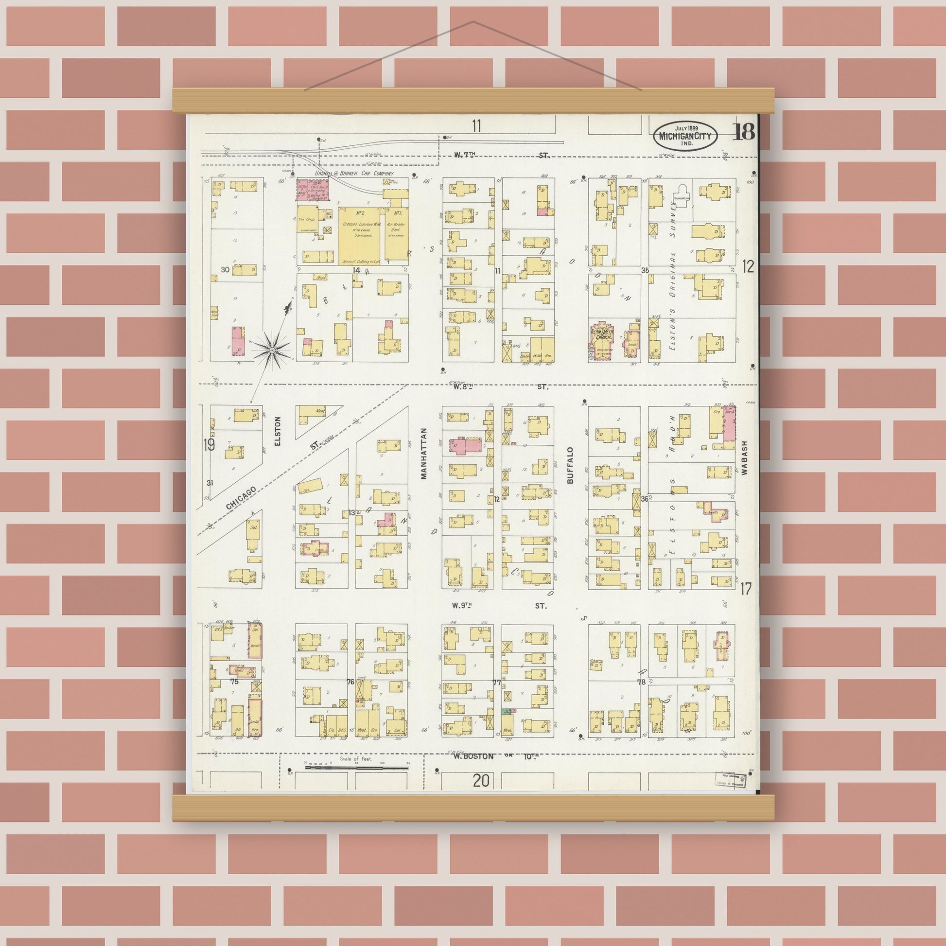 Old map wall art mockup — magnetic wood frame on brick wall — Sanborn Fire Insurance Map from Michigan City, La Porte County, Indiana (1899), Sheet #0018