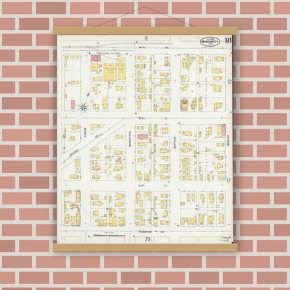 Old map wall art mockup — magnetic wood frame on brick wall — Sanborn Fire Insurance Map from Michigan City, La Porte County, Indiana (1899), Sheet #0018