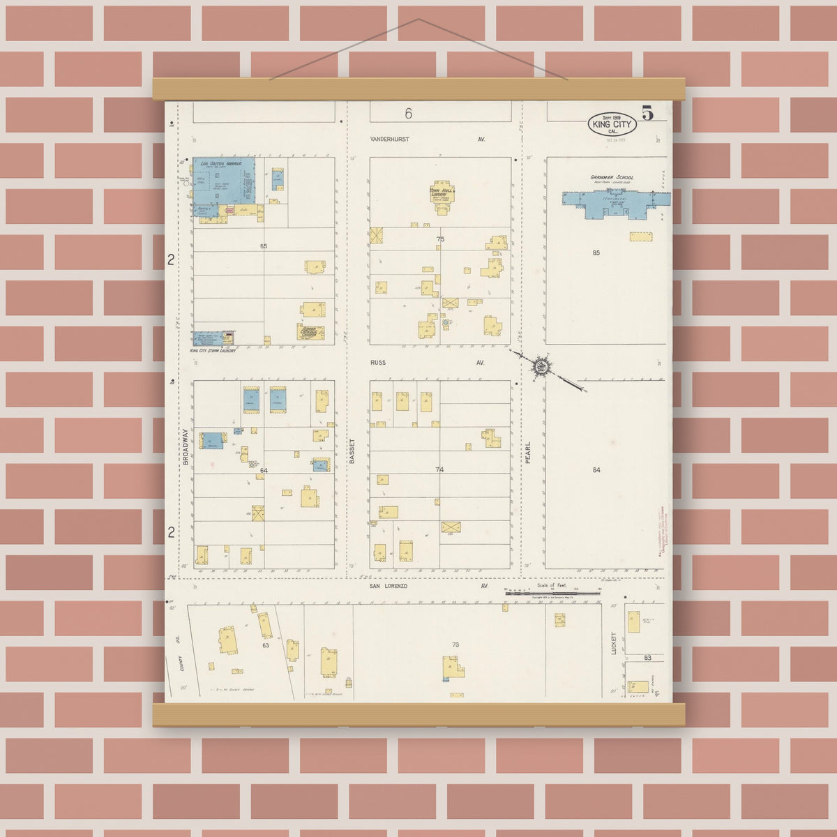 Old map wall art mockup — magnetic wood frame on brick wall — Sanborn Fire Insurance Map from King City, Monterey County, California (1919), Sheet #0005