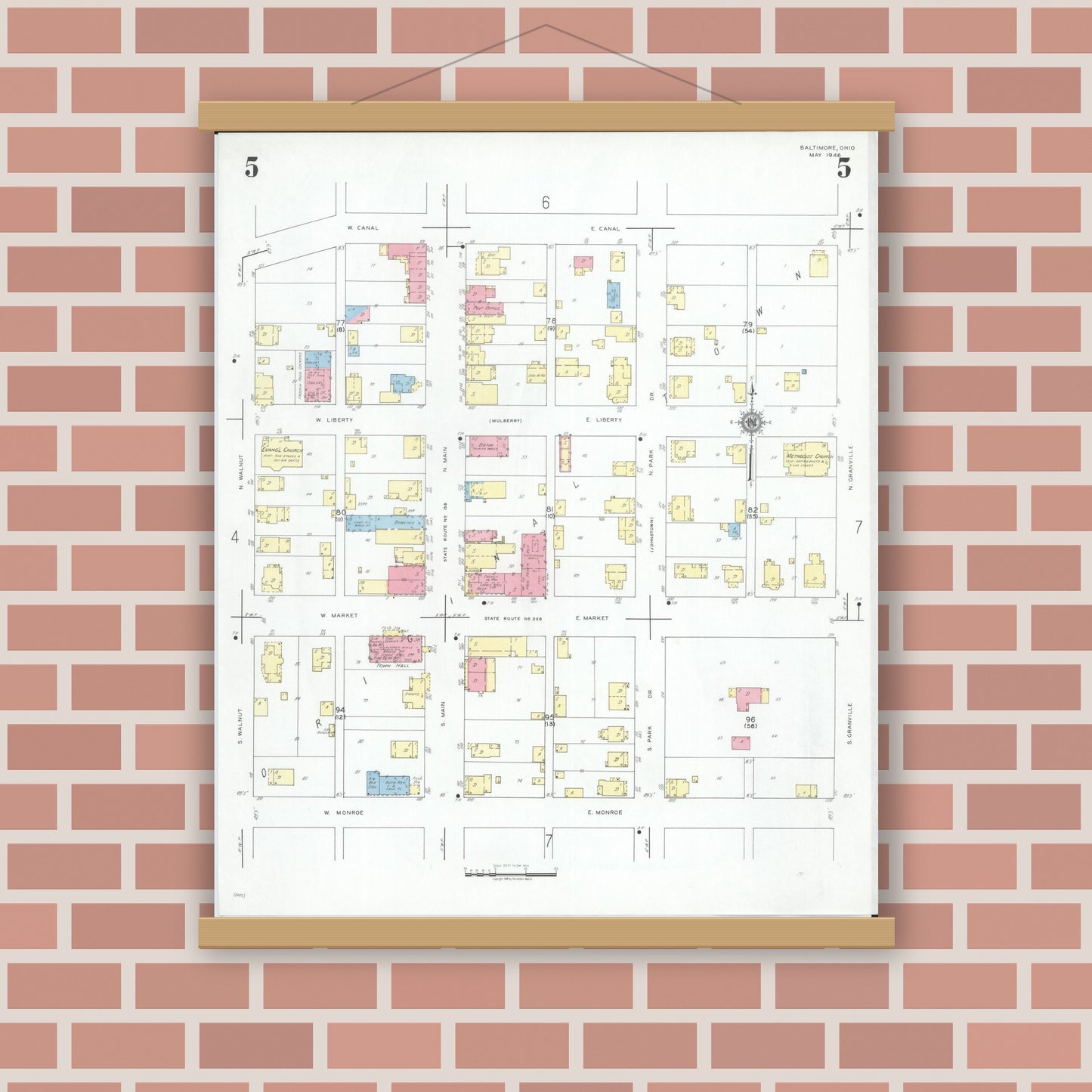 Old map wall art mockup — magnetic wood frame on brick wall — Sanborn Fire Insurance Map from Baltimore, Fairfield County, Ohio (1946), Sheet #0005