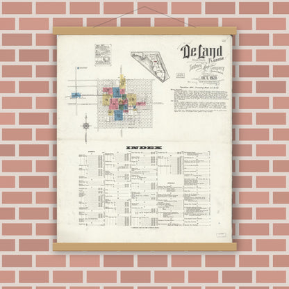 Old map wall art mockup — magnetic wood frame on brick wall — Sanborn Fire Insurance Map from De Land, Volusia County, Florida (1921) - Complete Map Set