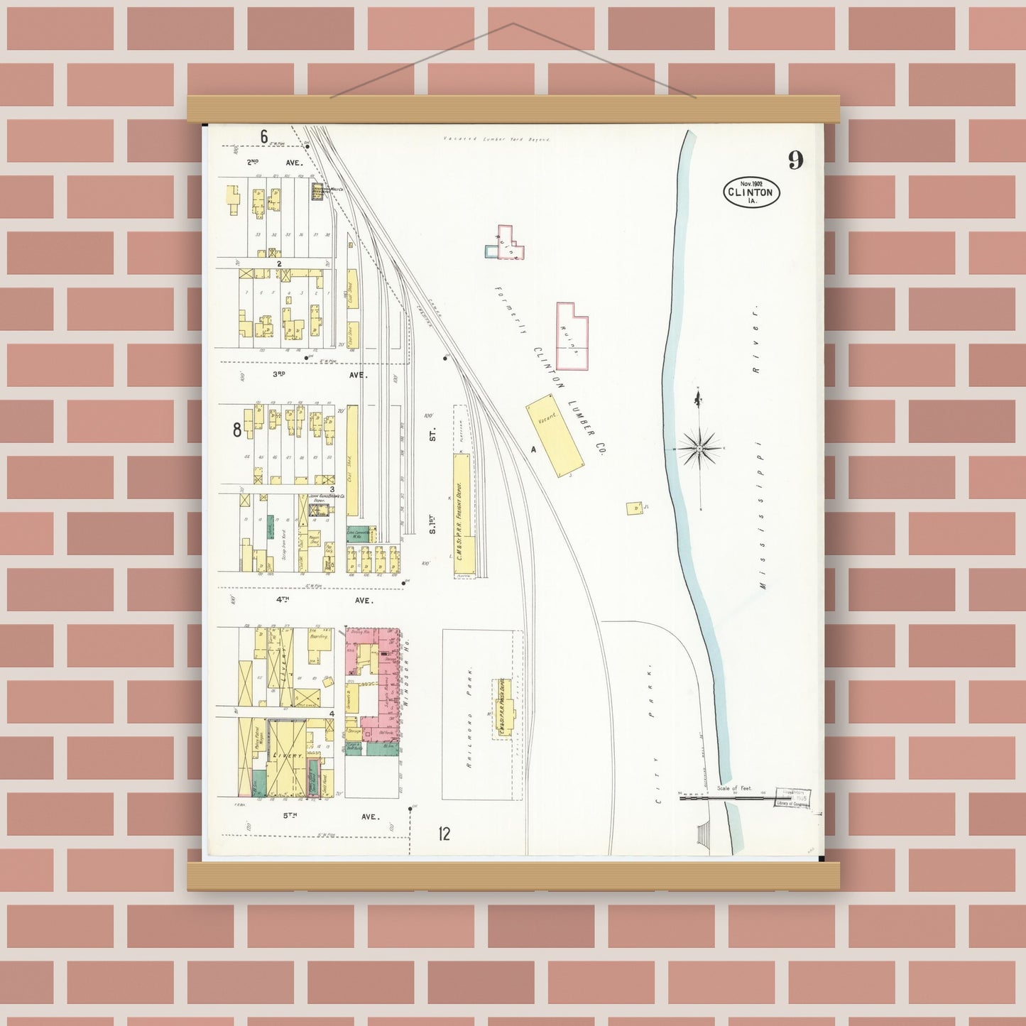 Old map wall art mockup — magnetic wood frame on brick wall — Sanborn Fire Insurance Map from Clinton, Clinton County, Iowa (1902), Sheet #0009