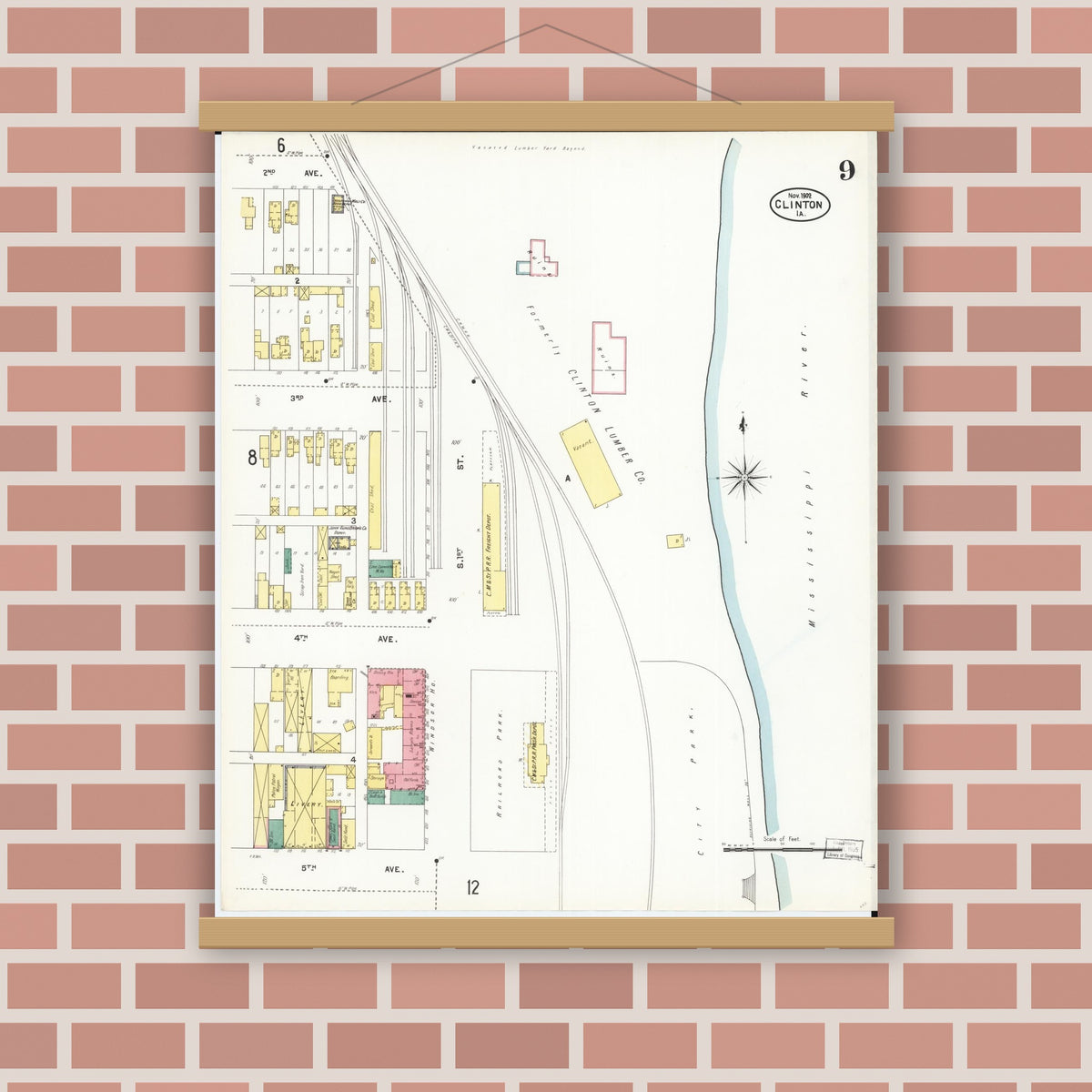 Old map wall art mockup — magnetic wood frame on brick wall — Sanborn Fire Insurance Map from Clinton, Clinton County, Iowa (1902), Sheet #0009