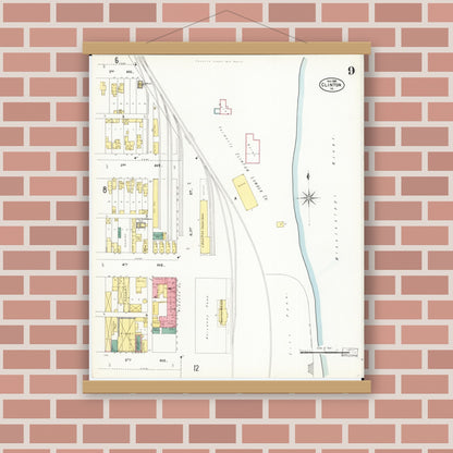 Old map wall art mockup — magnetic wood frame on brick wall — Sanborn Fire Insurance Map from Clinton, Clinton County, Iowa (1902), Sheet #0009