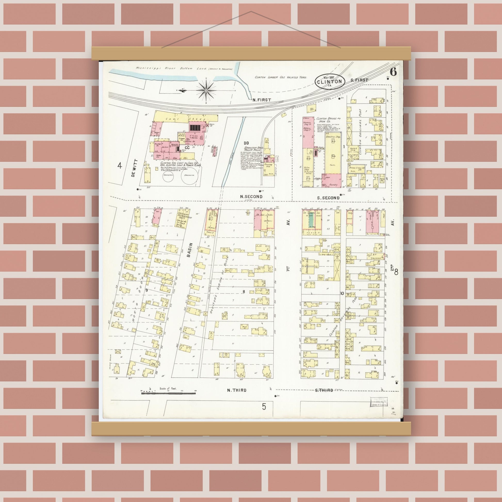 Old map wall art mockup — magnetic wood frame on brick wall — Sanborn Fire Insurance Map from Clinton, Clinton County, Iowa (1897), Sheet #0006