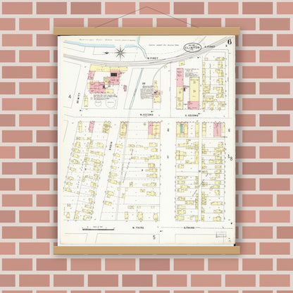 Old map wall art mockup — magnetic wood frame on brick wall — Sanborn Fire Insurance Map from Clinton, Clinton County, Iowa (1897), Sheet #0006