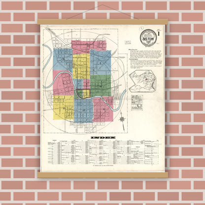 Old map wall art mockup — magnetic wood frame on brick wall — Sanborn Fire Insurance Map from Belton, Bell County, Texas (1921), Sheet #0001