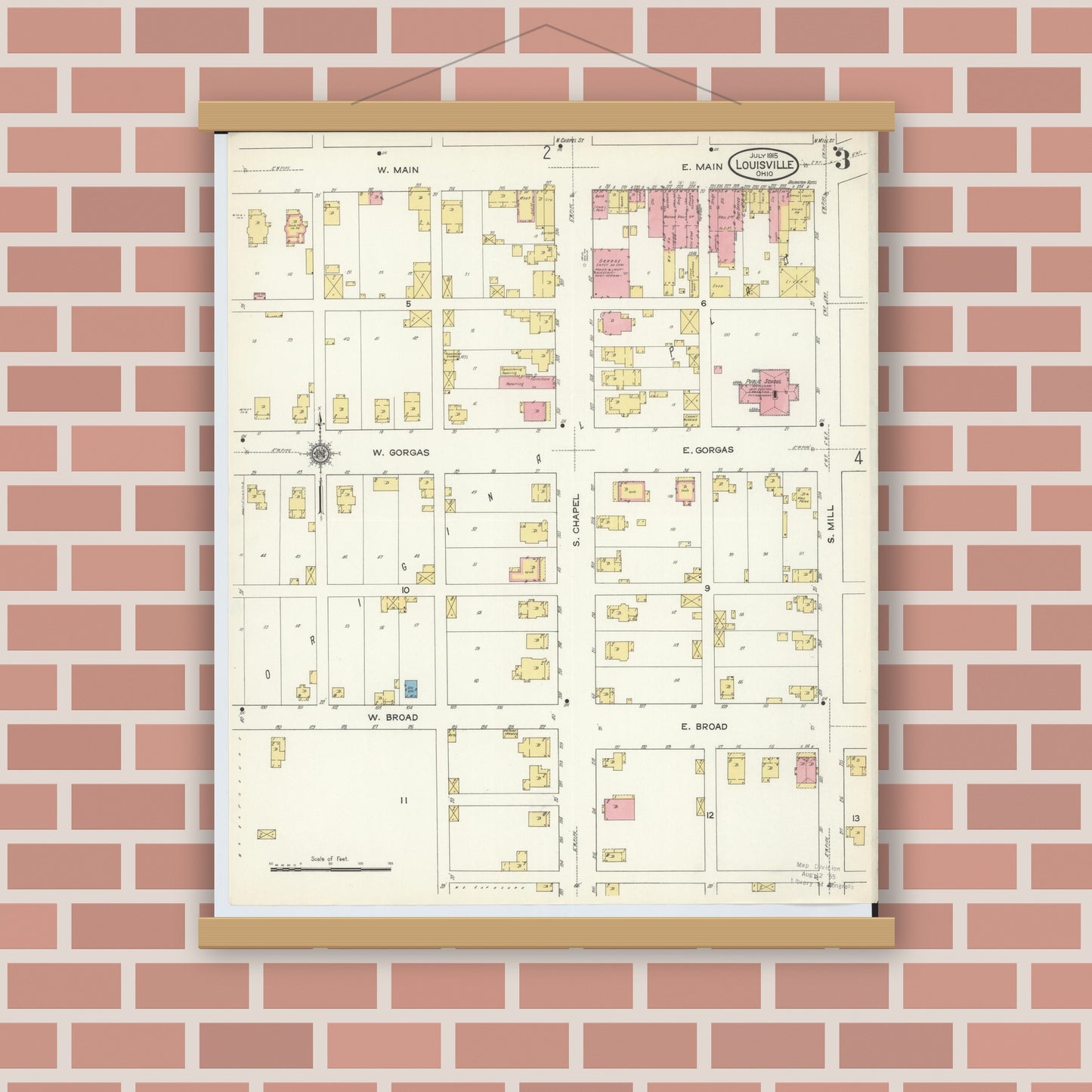 Old map wall art mockup — magnetic wood frame on brick wall — Sanborn Fire Insurance Map from Louisville, Stark County, Ohio (1915), Sheet #0003