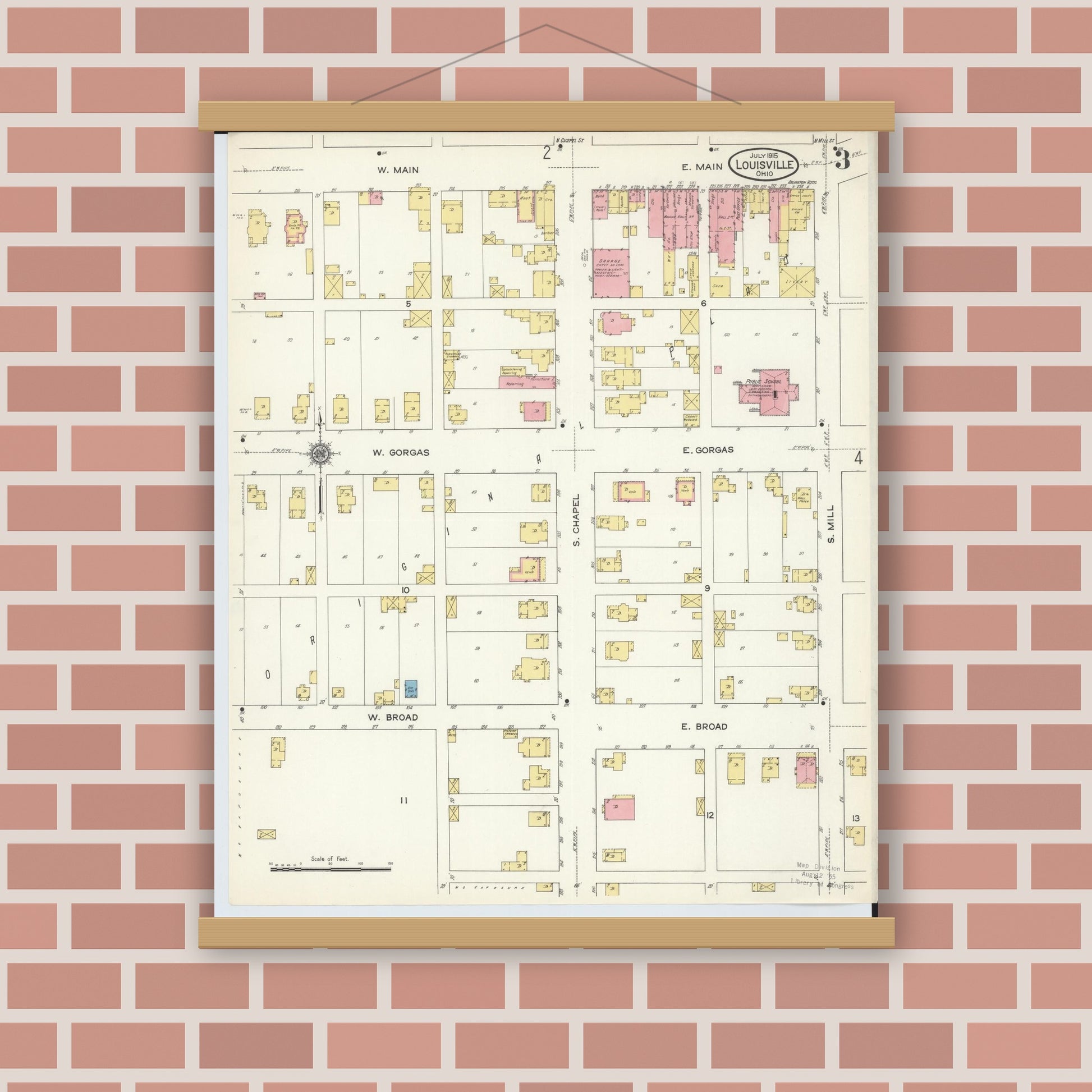 Old map wall art mockup — magnetic wood frame on brick wall — Sanborn Fire Insurance Map from Louisville, Stark County, Ohio (1915), Sheet #0003
