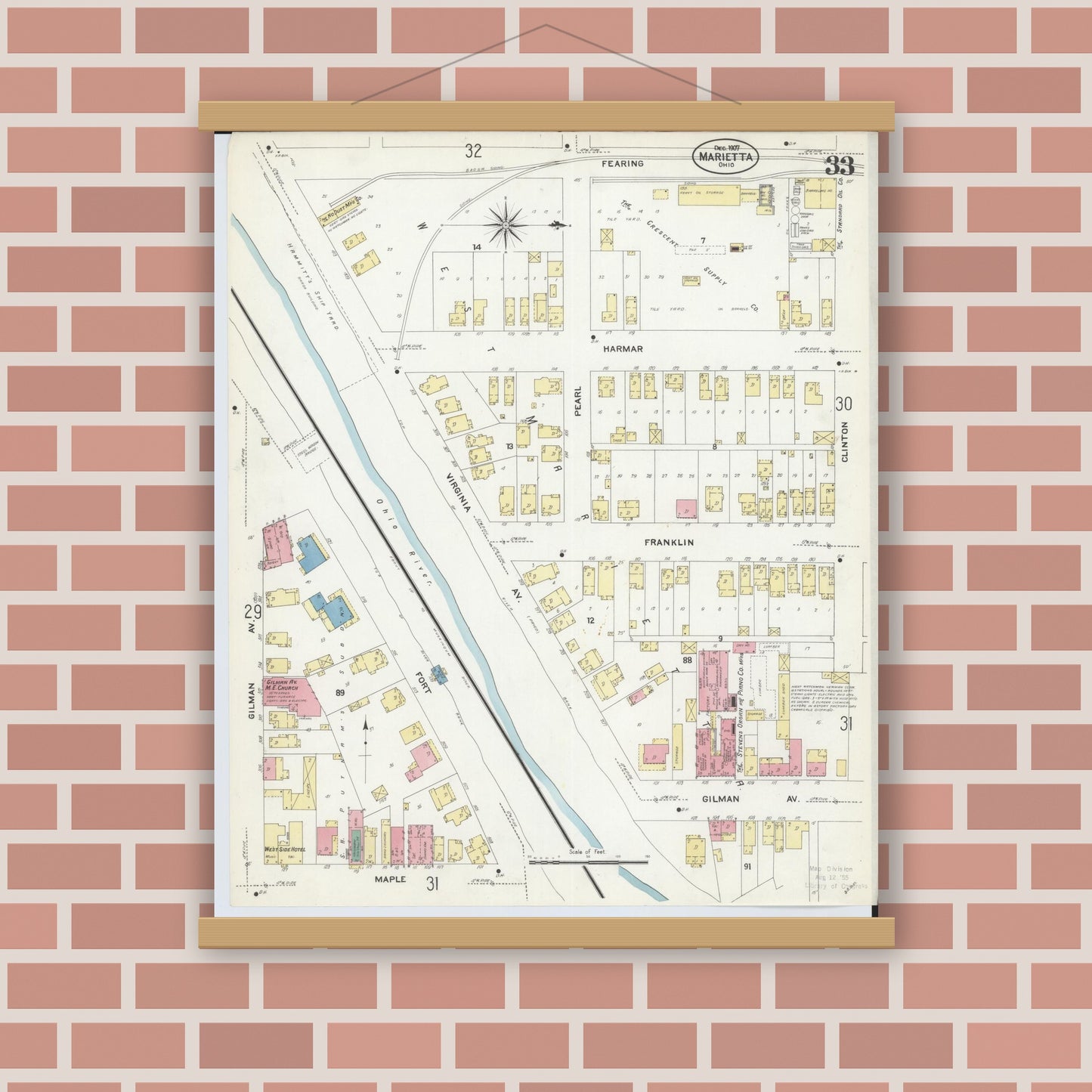 Old map wall art mockup — magnetic wood frame on brick wall — Sanborn Fire Insurance Map from Marietta, Washington County, Ohio (1907), Sheet #0033