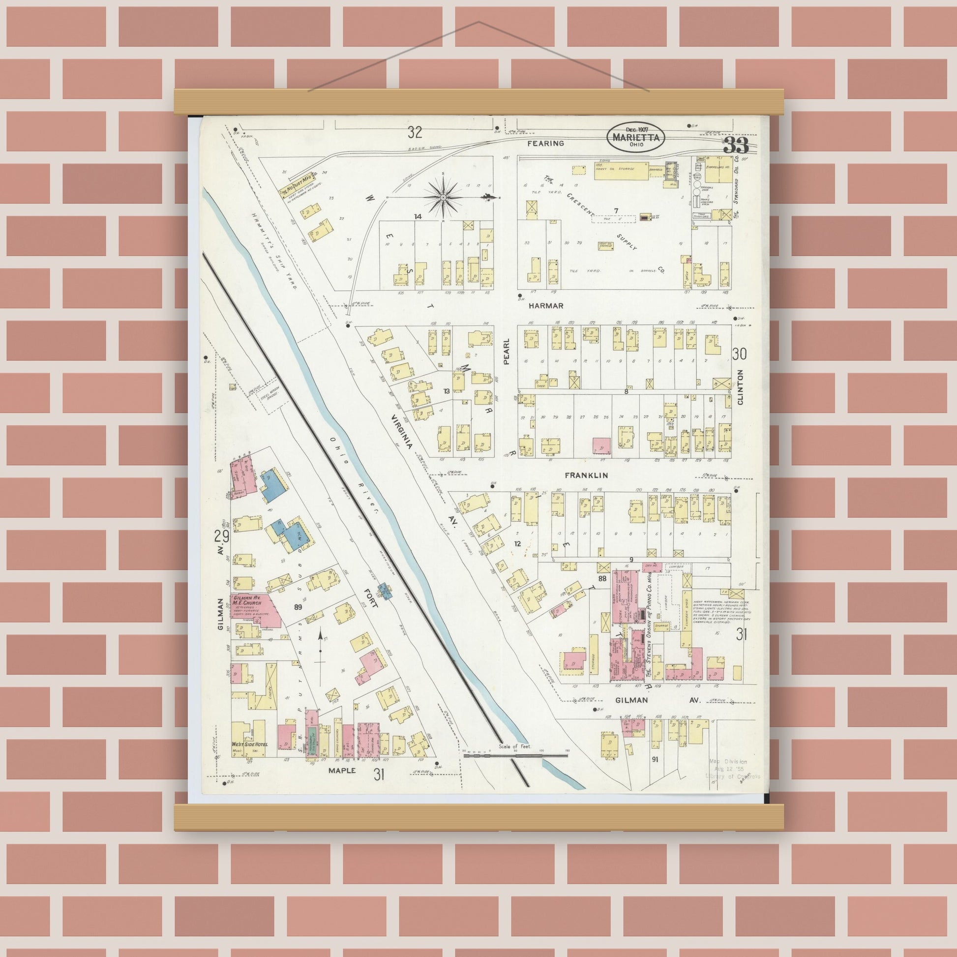 Old map wall art mockup — magnetic wood frame on brick wall — Sanborn Fire Insurance Map from Marietta, Washington County, Ohio (1907), Sheet #0033