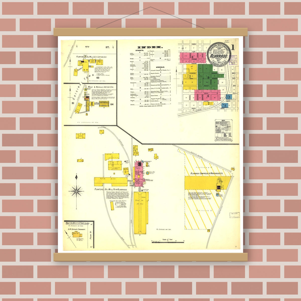 Old map wall art mockup — magnetic wood frame on brick wall — Sanborn Fire Insurance Map from Alvarado, Johnson County, Texas (1902), Sheet #0001