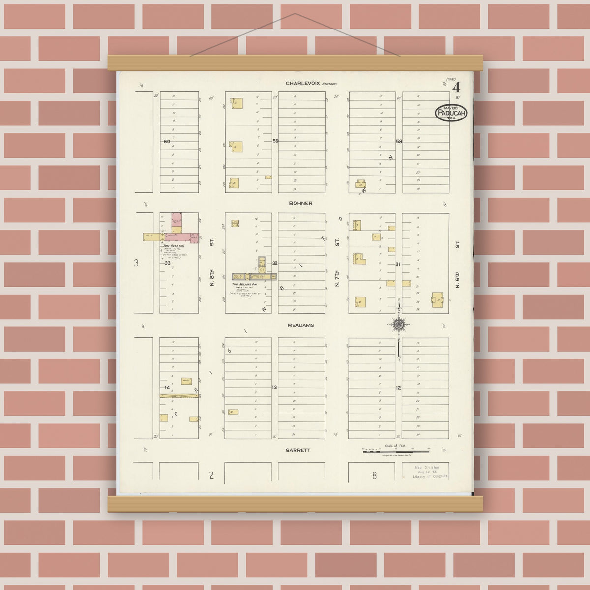 Old map wall art mockup — magnetic wood frame on brick wall — Sanborn Fire Insurance Map from Paducah, Cottle County, Texas (1921), Sheet #0004