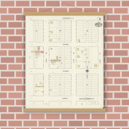 Old map wall art mockup — magnetic wood frame on brick wall — Sanborn Fire Insurance Map from Paducah, Cottle County, Texas (1921), Sheet #0004