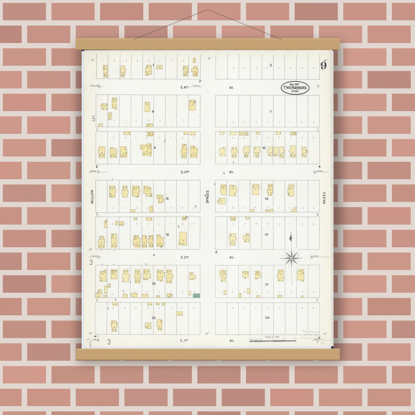 Old map wall art mockup — magnetic wood frame on brick wall — Sanborn Fire Insurance Map from Two Harbors, Lake County, Minnesota (1907), Sheet #0009