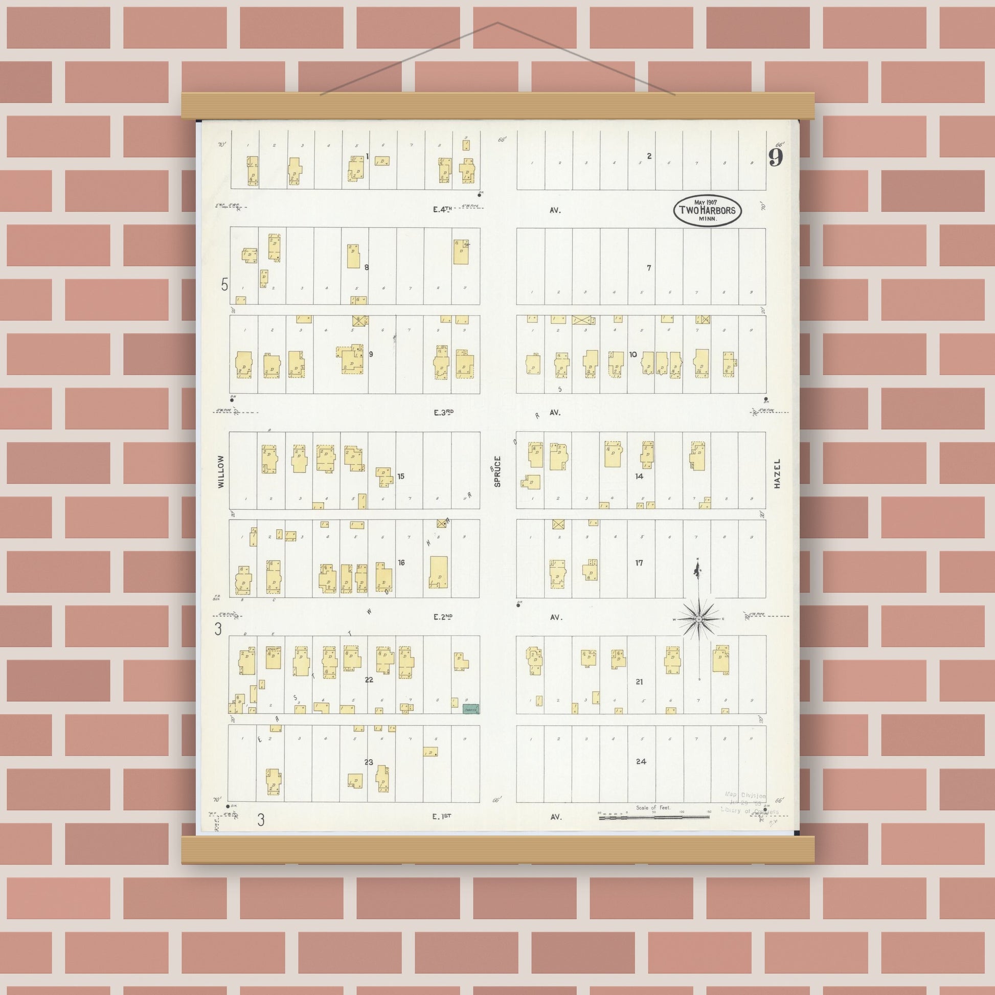 Old map wall art mockup — magnetic wood frame on brick wall — Sanborn Fire Insurance Map from Two Harbors, Lake County, Minnesota (1907), Sheet #0009
