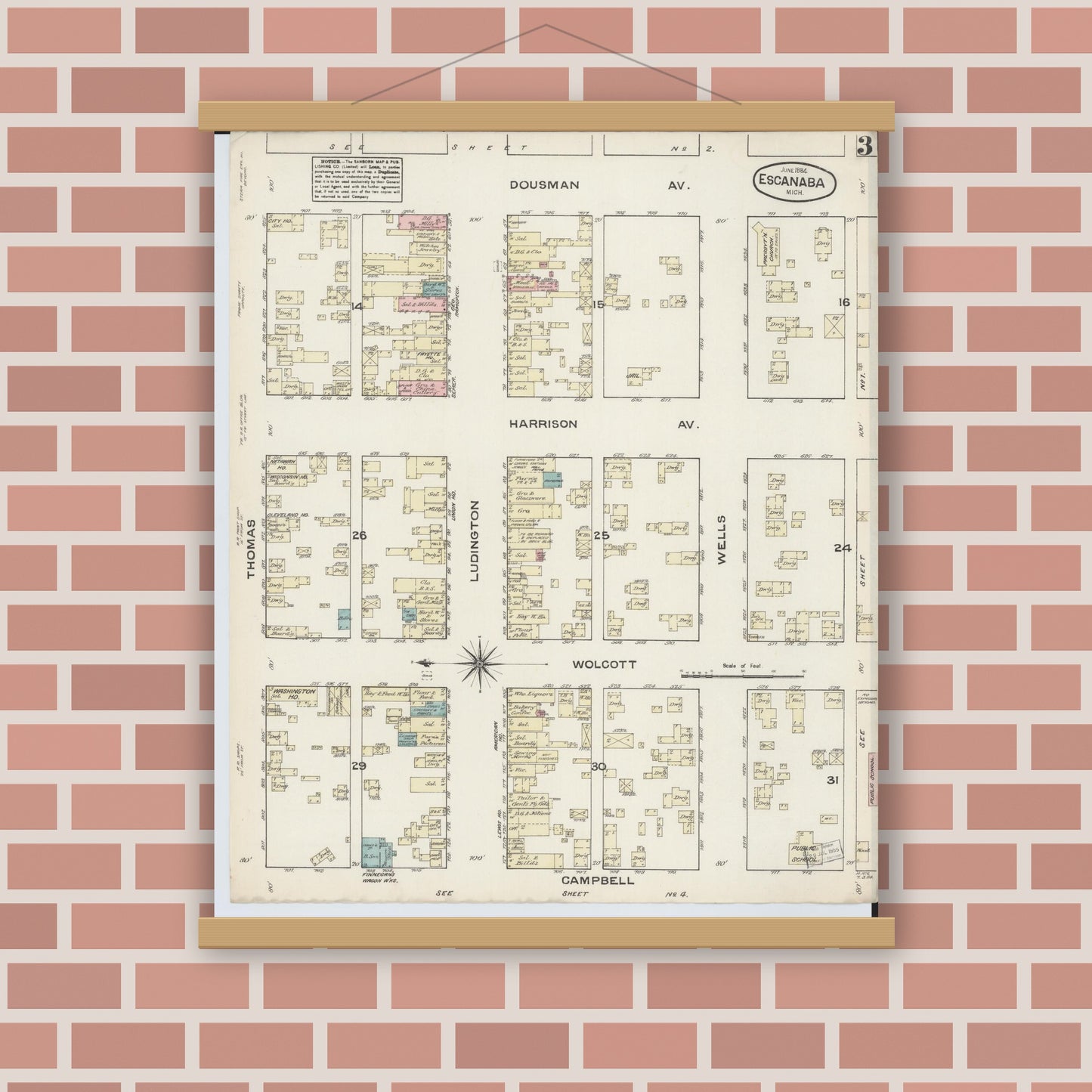 Old map wall art mockup — magnetic wood frame on brick wall — Sanborn Fire Insurance Map from Escanaba, Delta County, Michigan (1884), Sheet #0003