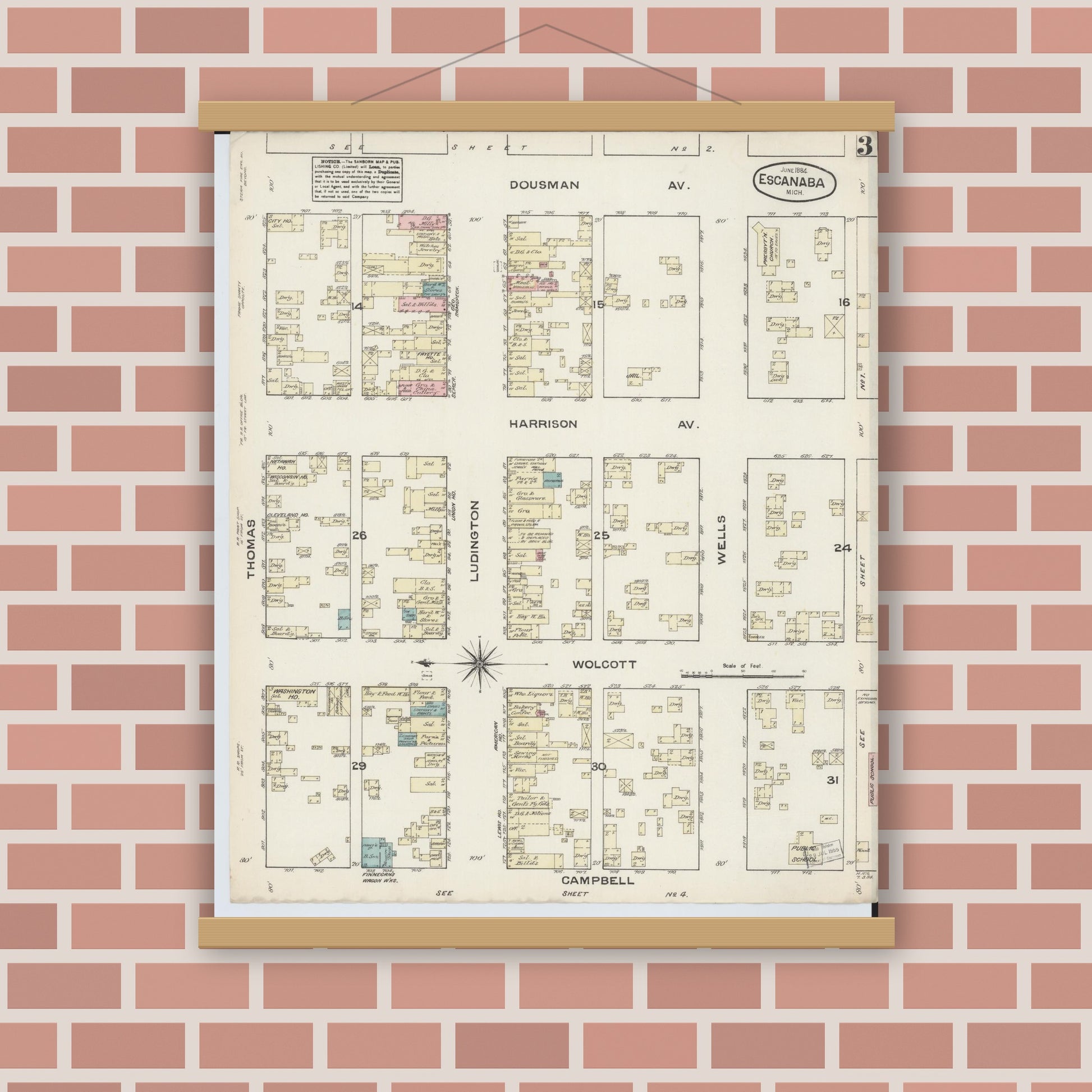 Old map wall art mockup — magnetic wood frame on brick wall — Sanborn Fire Insurance Map from Escanaba, Delta County, Michigan (1884), Sheet #0003