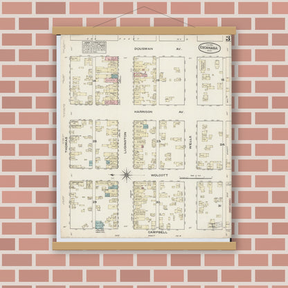 Old map wall art mockup — magnetic wood frame on brick wall — Sanborn Fire Insurance Map from Escanaba, Delta County, Michigan (1884), Sheet #0003