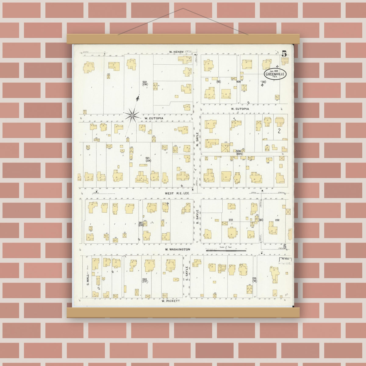 Old map wall art mockup — magnetic wood frame on brick wall — Sanborn Fire Insurance Map from Greenville, Hunt County, Texas (1909), Sheet #0005