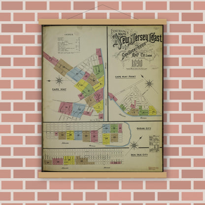 Old map wall art mockup — magnetic wood frame on brick wall — Sanborn Fire Insurance Map from New Jersey Coast, New Jersey Coast, New Jersey (1890), Sheet #0001