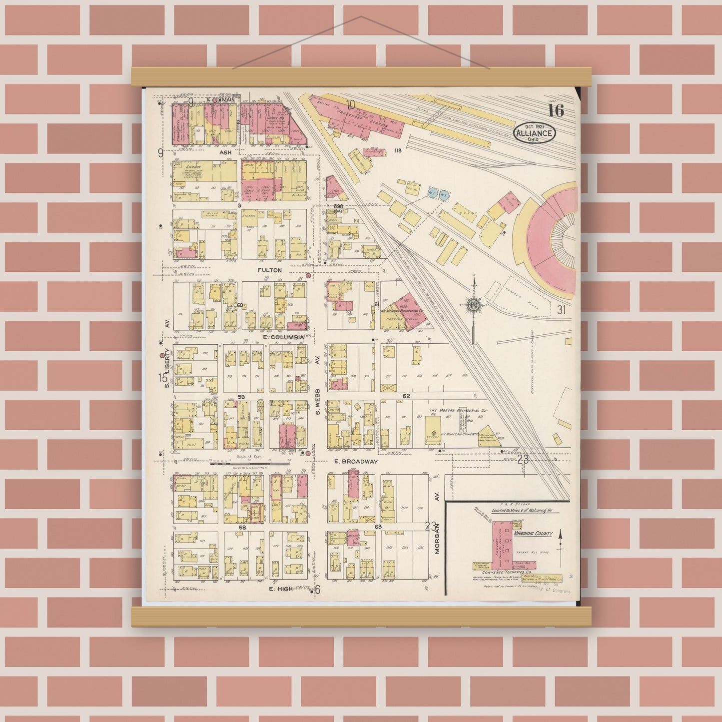 Old map wall art mockup — magnetic wood frame on brick wall — Sanborn Fire Insurance Map from Alliance, Stark County, Ohio (1921), Sheet #0016