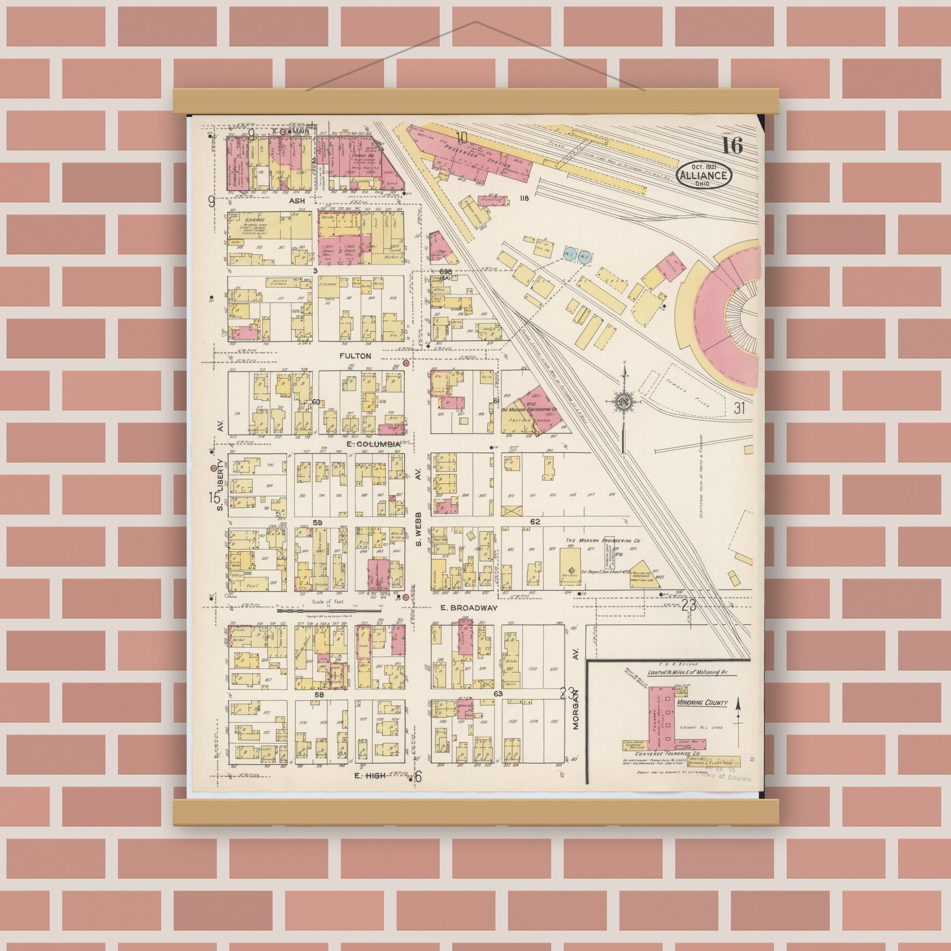 Old map wall art mockup — magnetic wood frame on brick wall — Sanborn Fire Insurance Map from Alliance, Stark County, Ohio (1921), Sheet #0016