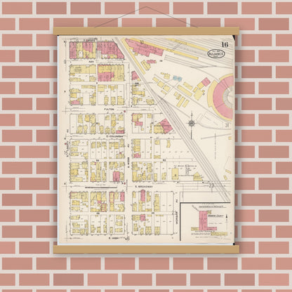 Old map wall art mockup — magnetic wood frame on brick wall — Sanborn Fire Insurance Map from Alliance, Stark County, Ohio (1921), Sheet #0016