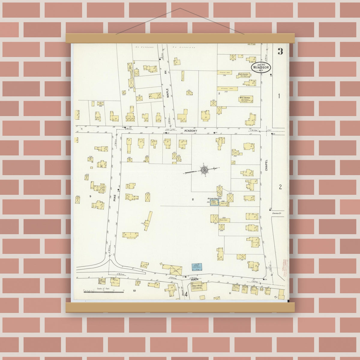 Old map wall art mockup — magnetic wood frame on brick wall — Sanborn Fire Insurance Map from Windsor, Broome County, New York (1912), Sheet #0003