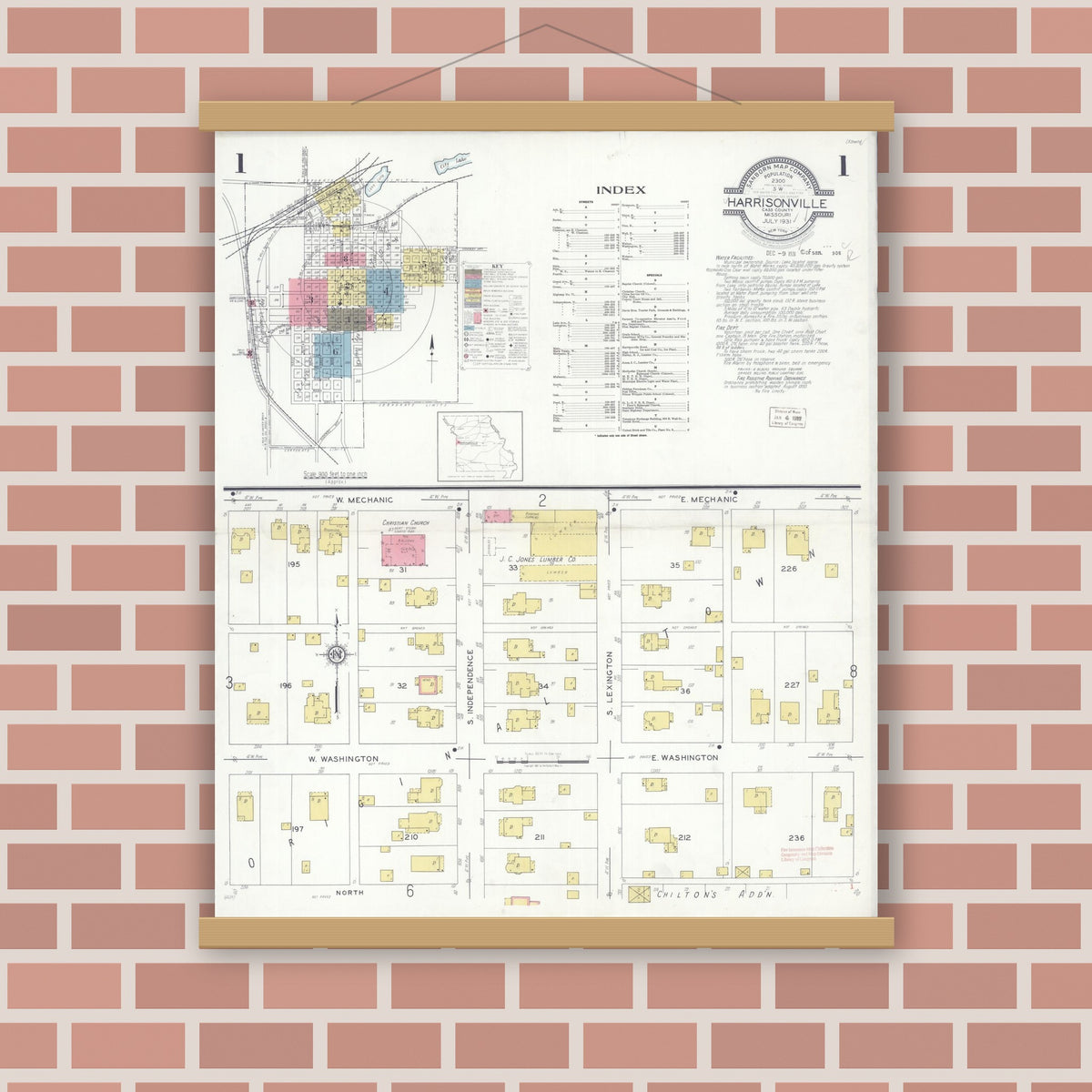 Old map wall art mockup — magnetic wood frame on brick wall — Sanborn Fire Insurance Map from Harrisonville, Cass County, Missouri (1931) - Complete Map Set